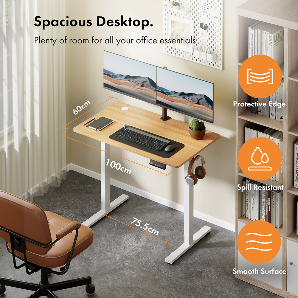 White Standing Desk with Maple Desktop 100x60cm and USB-C Charging Port