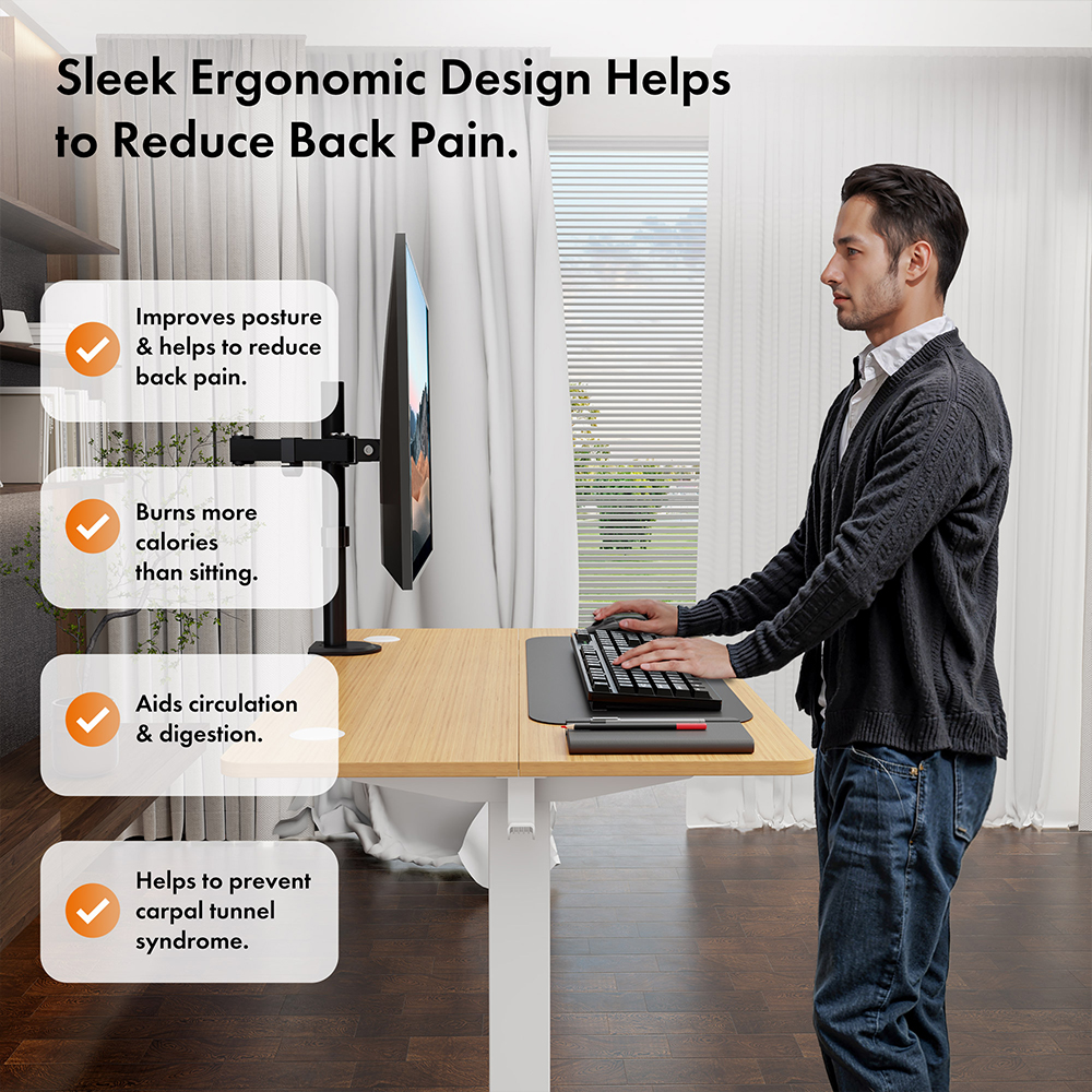 White Standing Desk with Maple Desktop 100x60cm and USB-C Charging Port