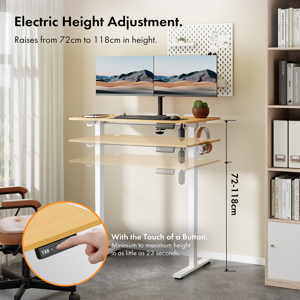 White Standing Desk with Maple Desktop 100x60cm and USB-C Charging Port