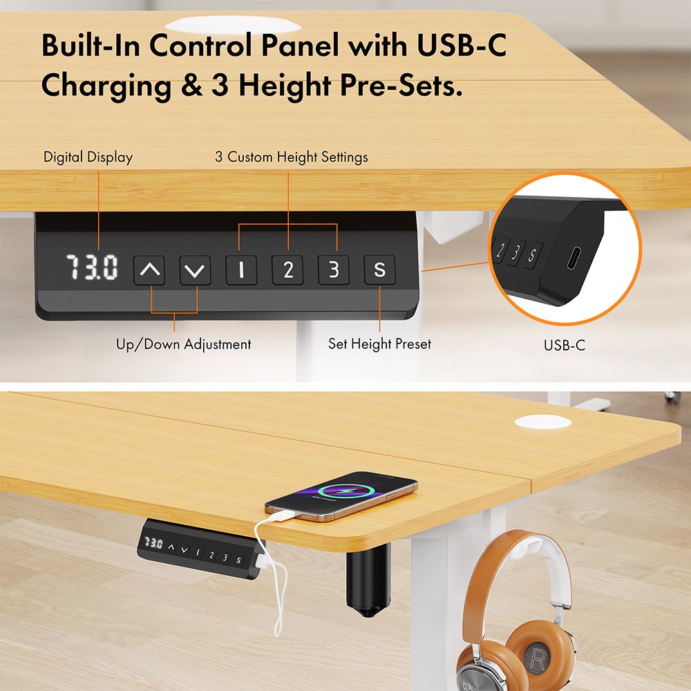 White Standing Desk with Maple Desktop 100x60cm and USB-C Charging Port