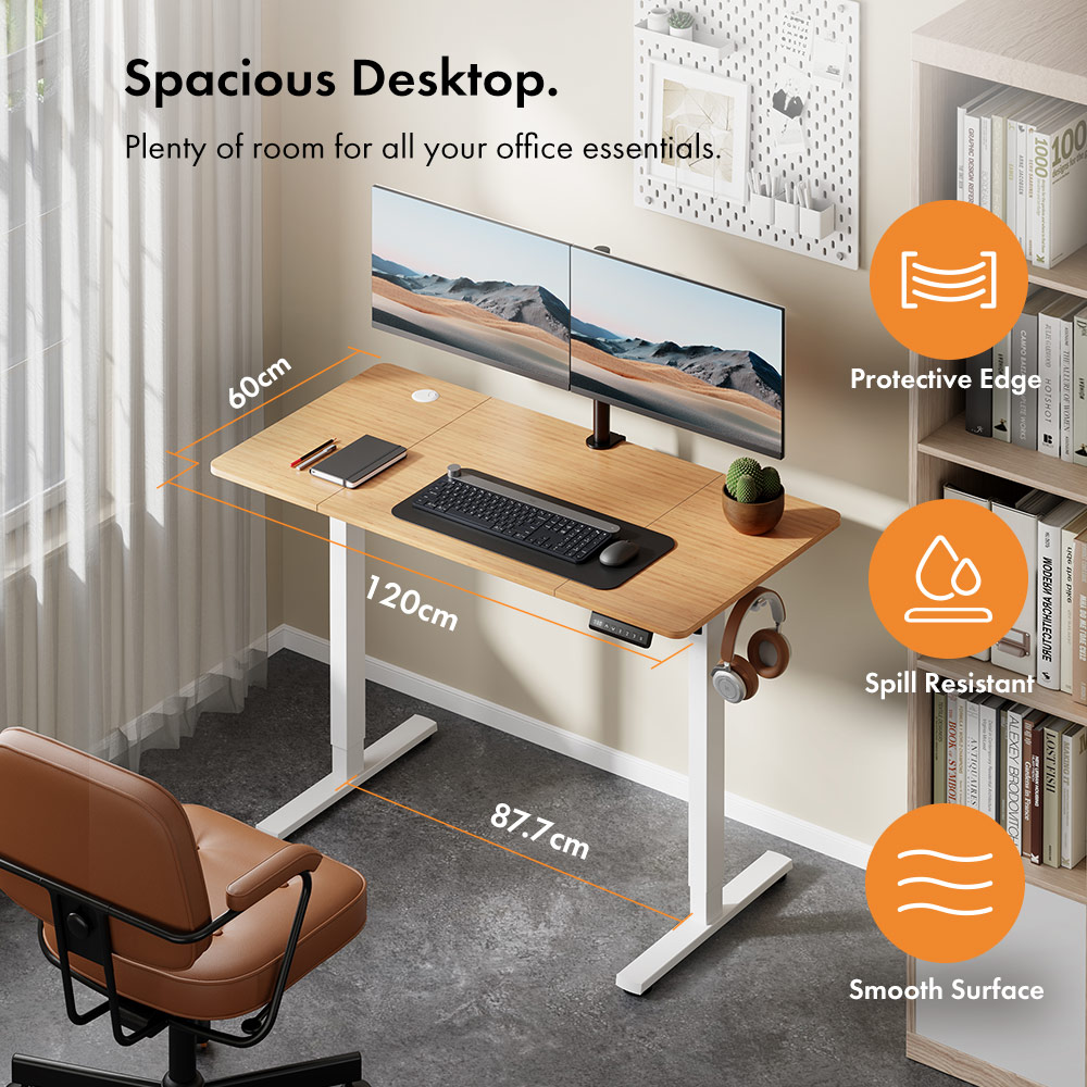 White Standing Desk with Maple Desktop 120x60cm and USB-C Charging Port