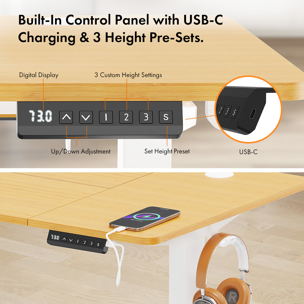 White Standing Desk with Maple Desktop 120x60cm and USB-C Charging Port