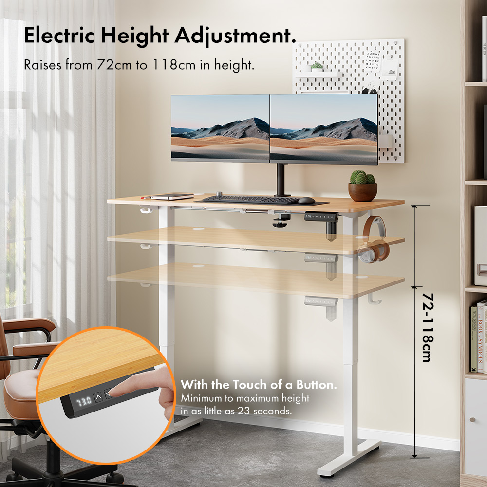 White Standing Desk with Maple Desktop 120x60cm and USB-C Charging Port