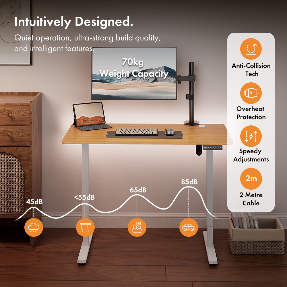 White Standing Desk with Maple Desktop 120x60cm and USB-C Charging Port