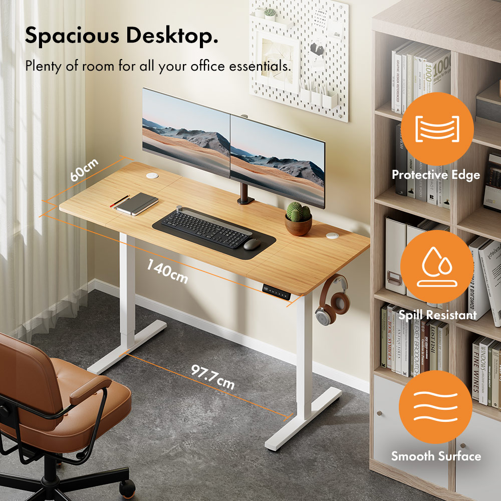 White Standing Desk with Maple Desktop 140x60cm and USB-C Charging Port