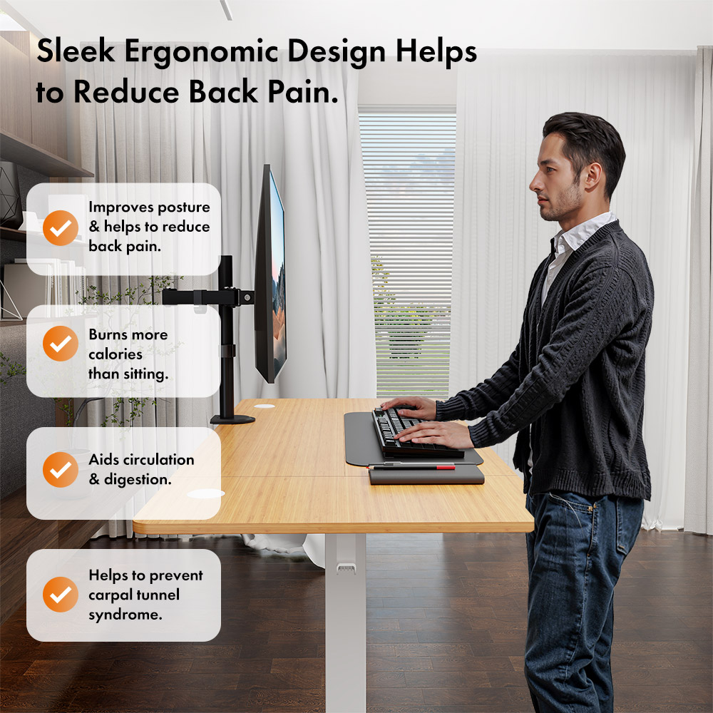 White Standing Desk with Maple Desktop 140x60cm and USB-C Charging Port