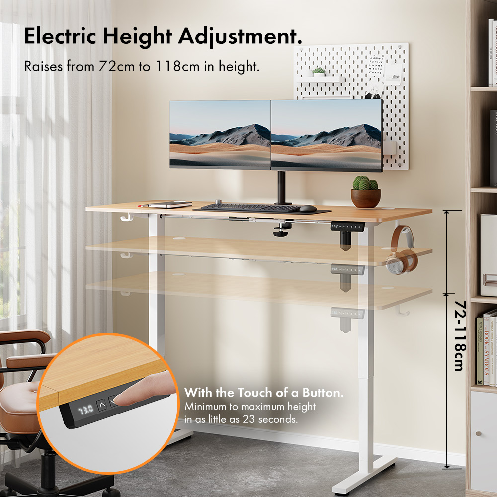 White Standing Desk with Maple Desktop 140x60cm and USB-C Charging Port