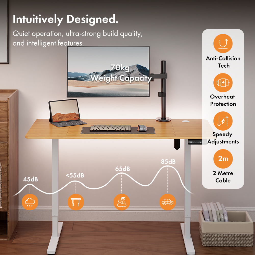 White Standing Desk with Maple Desktop 140x60cm and USB-C Charging Port
