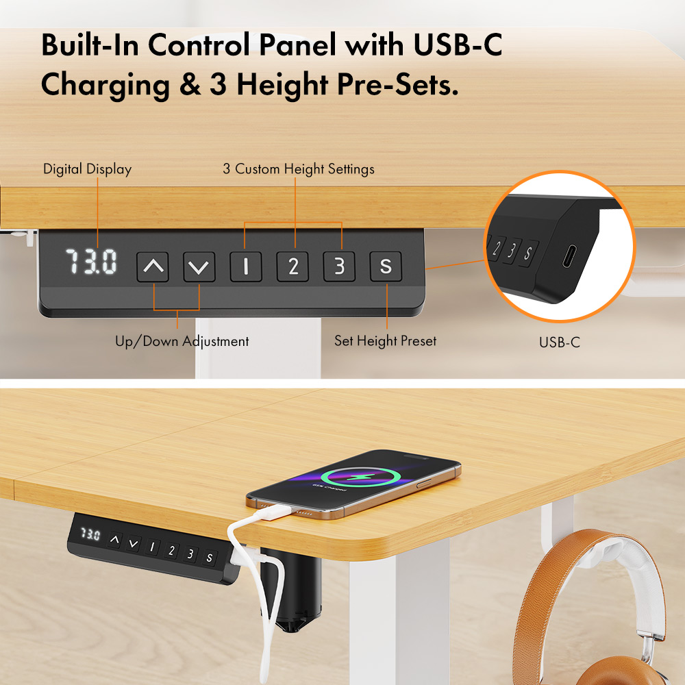 White Standing Desk with Maple Desktop 140x60cm and USB-C Charging Port