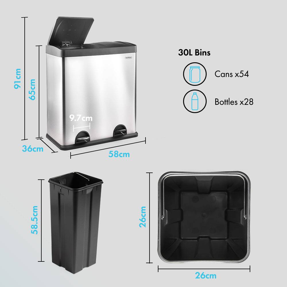 Double Compartment Pedal Recycling Bin - 60L