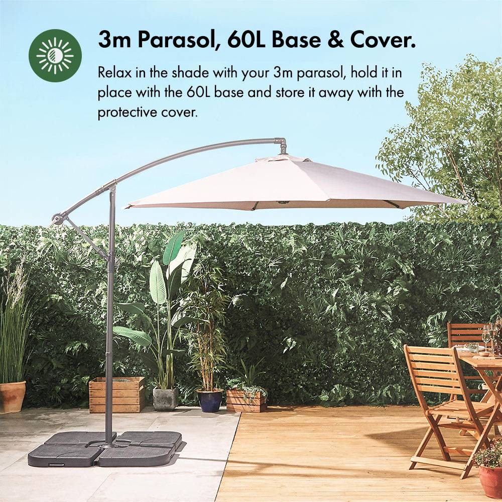 Grey 3m Banana Parasol, Base & Cover Set
