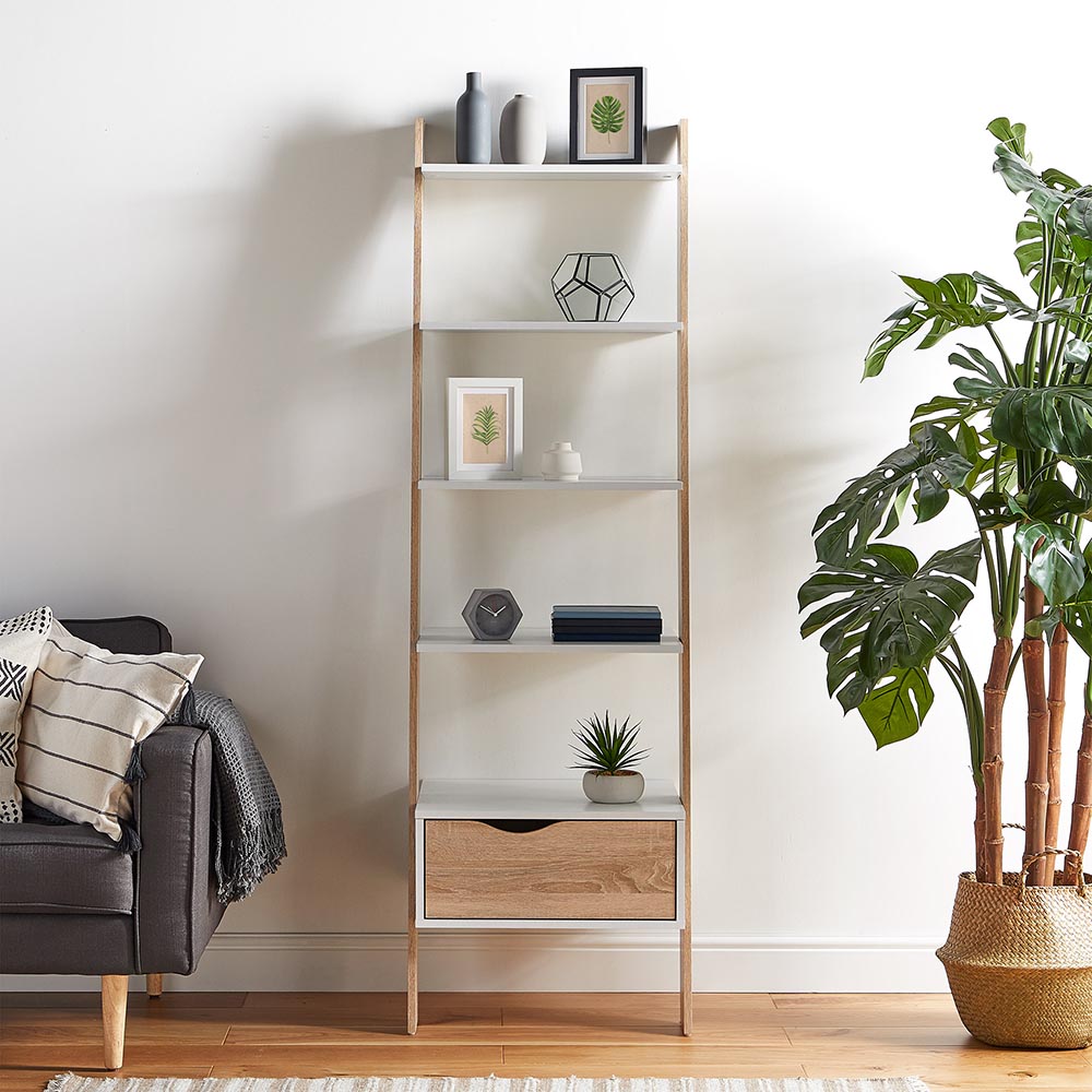White & Oak Effect Ladder Bookcase