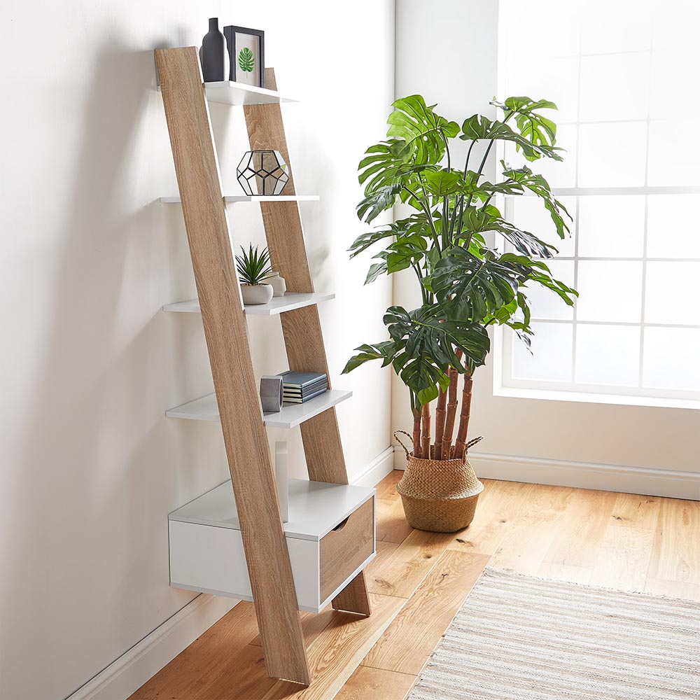 White & Oak Effect Ladder Bookcase