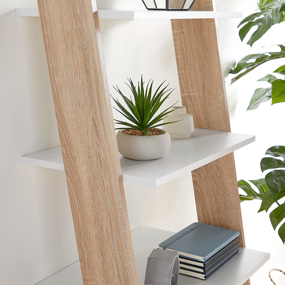 White & Oak Effect Ladder Bookcase
