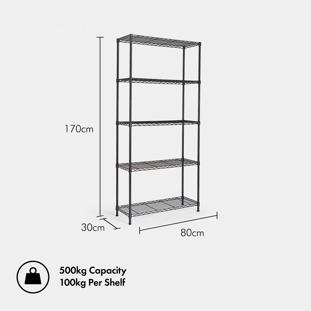 5-Tier Wire Metal Shelving Unit  –  Black (170 x 80 x 30cm)