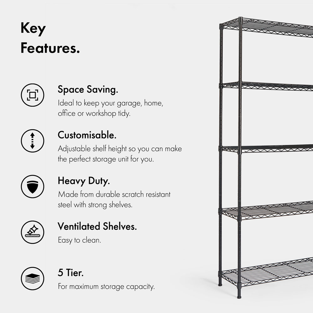 5-Tier Wire Metal Shelving Unit  –  Black (170 x 80 x 30cm)