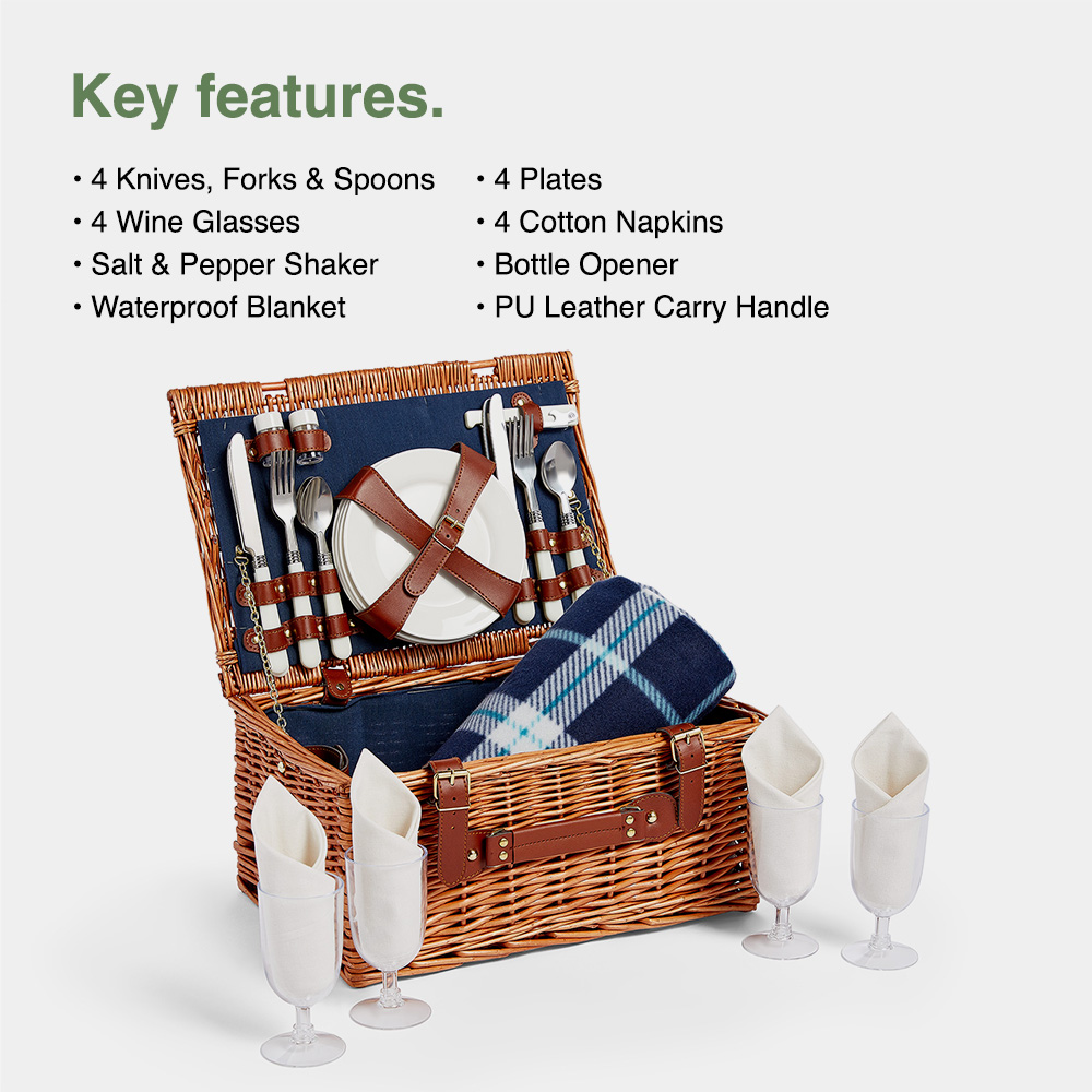 4 Person Navy Wicker Picnic Basket