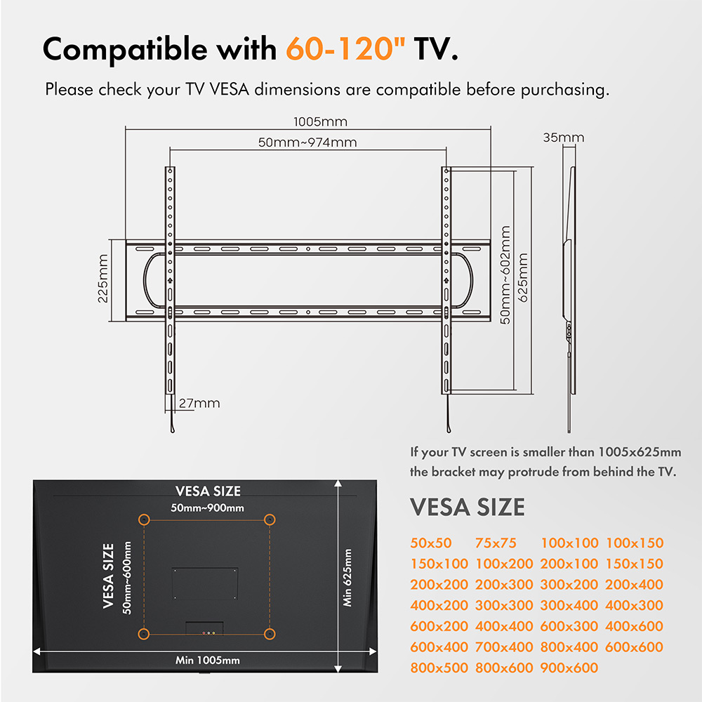 60-120 inch Flat-to-Wall TV Bracket