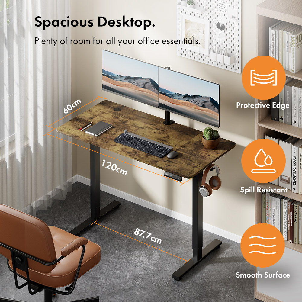 Black Standing Desk with Walnut Desktop 120x60cm and USB-C Charging Port