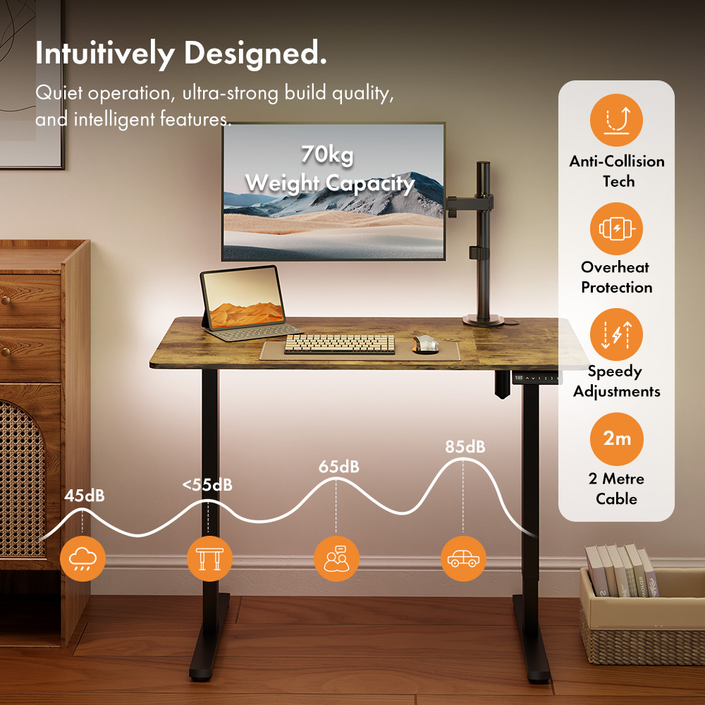 Black Standing Desk with Walnut Desktop 120x60cm and USB-C Charging Port