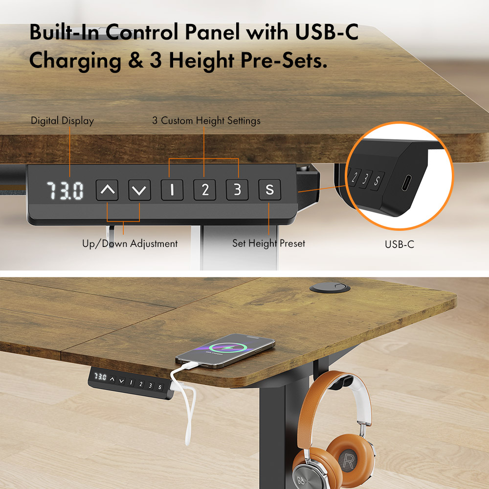 Black Standing Desk with Walnut Desktop 120x60cm and USB-C Charging Port