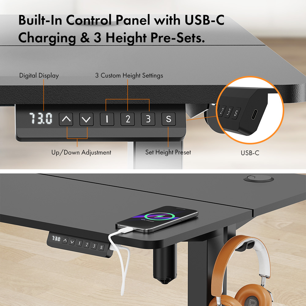 Black Standing Desk 100x60cm with USB-C Charging Port