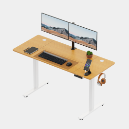 White Standing Desk with Maple Desktop 140x60cm and USB-C Charging Port