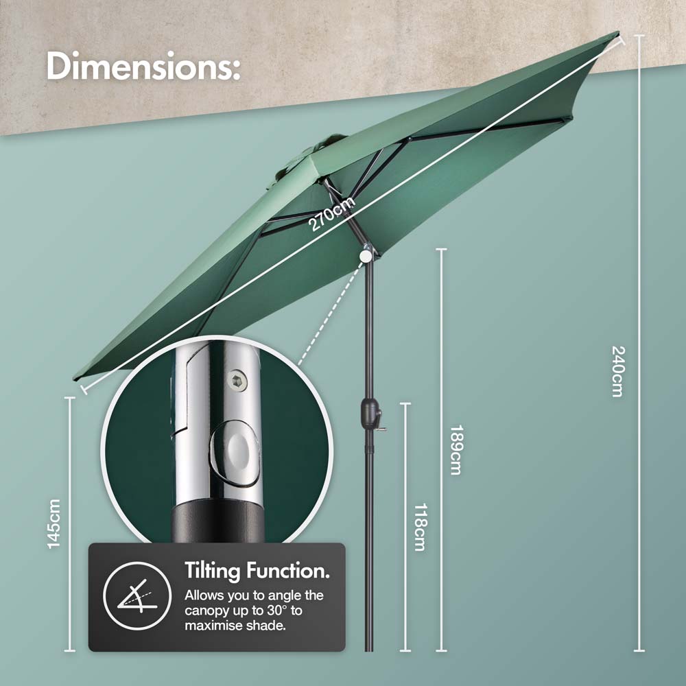Dark Green 2.7m Steel Garden Parasol & Base Set (12kg)