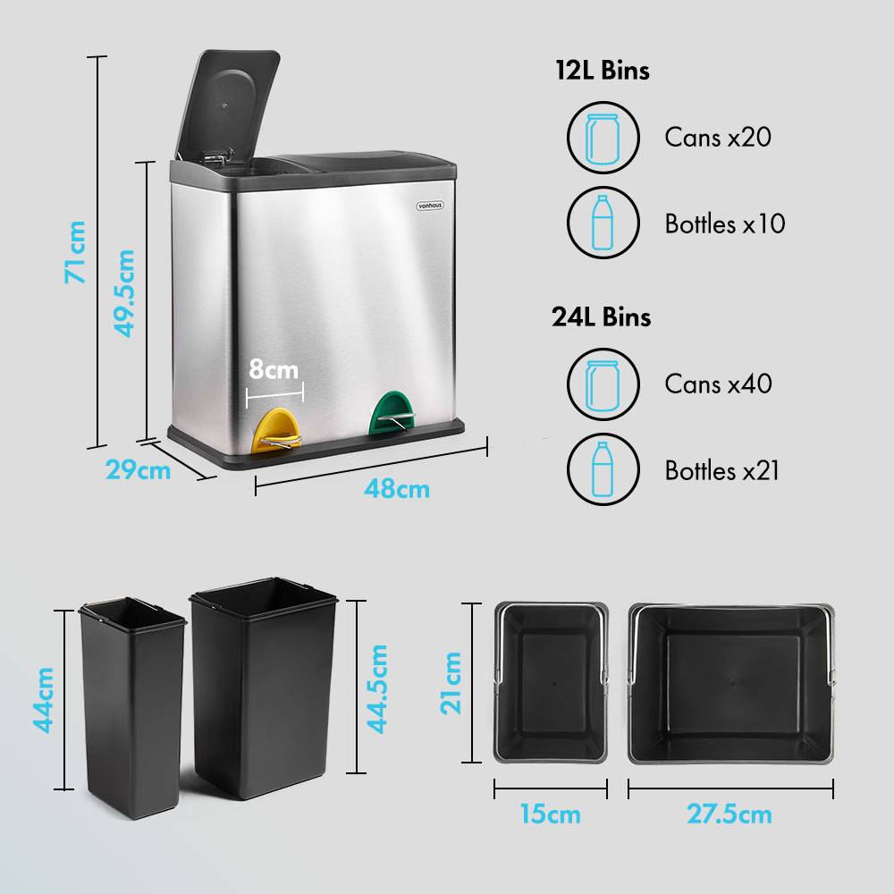 Double Compartment Pedal Recycling Bin - 36L 