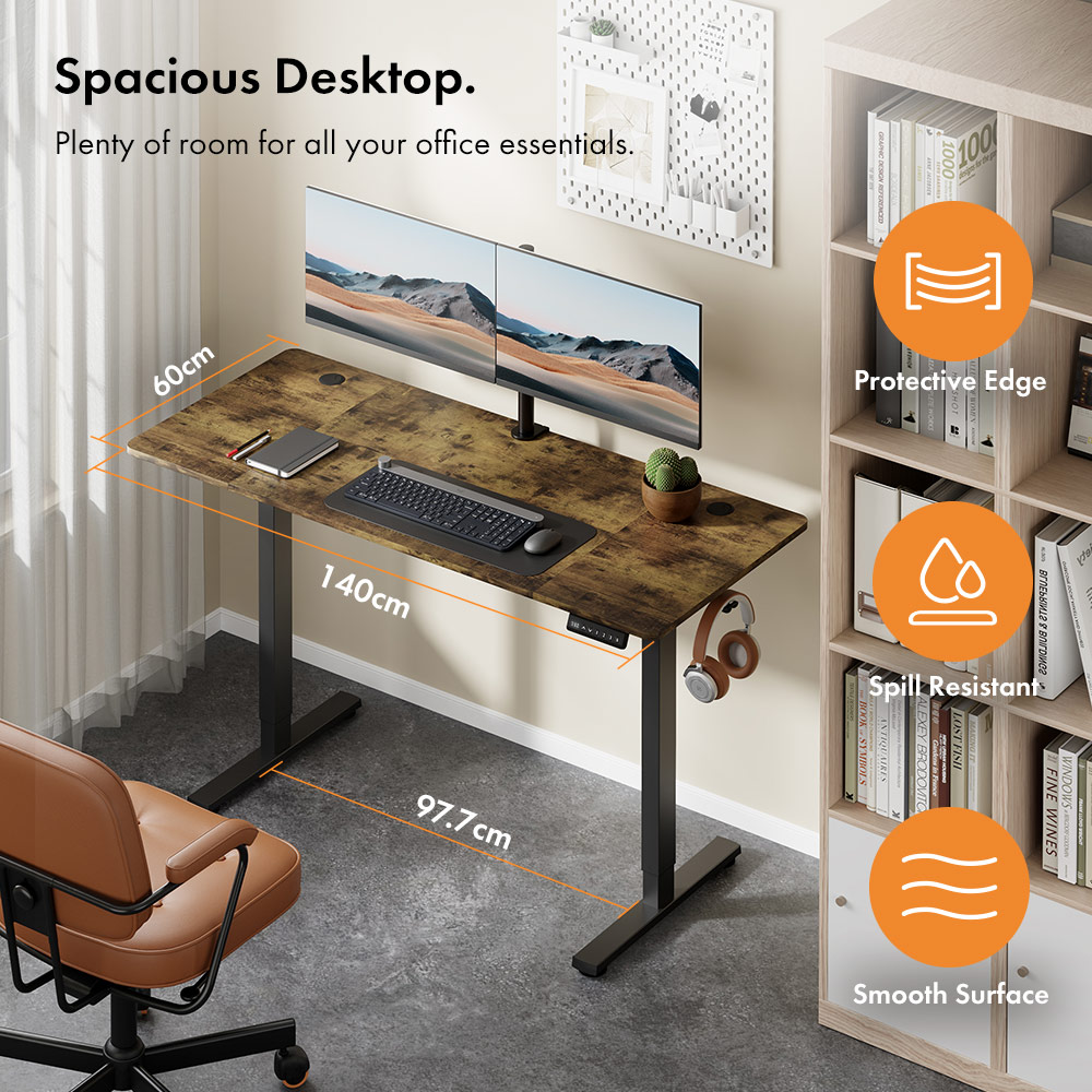 Black Standing Desk with Walnut Desktop 140x60cm and USB-C Charging Port