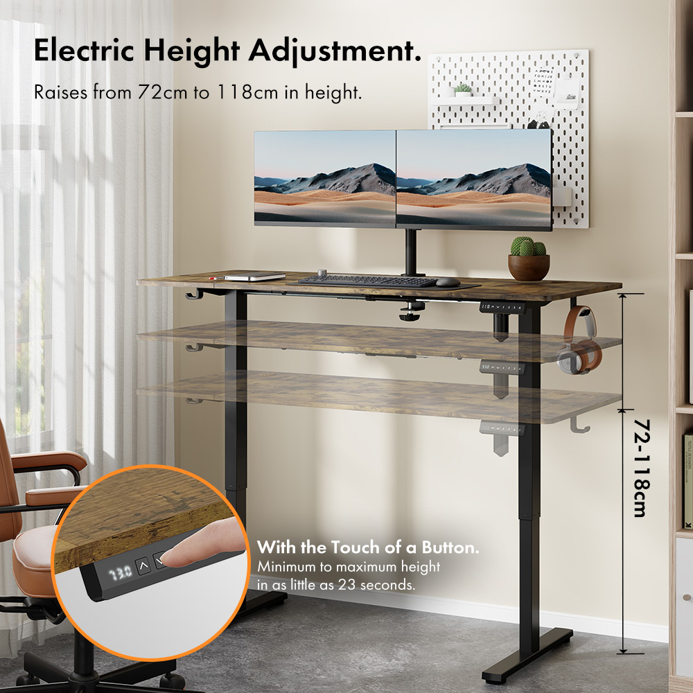 Black Standing Desk with Walnut Desktop 140x60cm and USB-C Charging Port