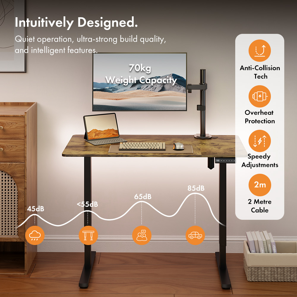 Black Standing Desk with Walnut Desktop 140x60cm and USB-C Charging Port