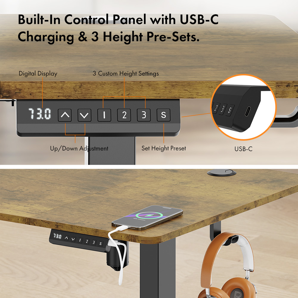 Black Standing Desk with Walnut Desktop 140x60cm and USB-C Charging Port