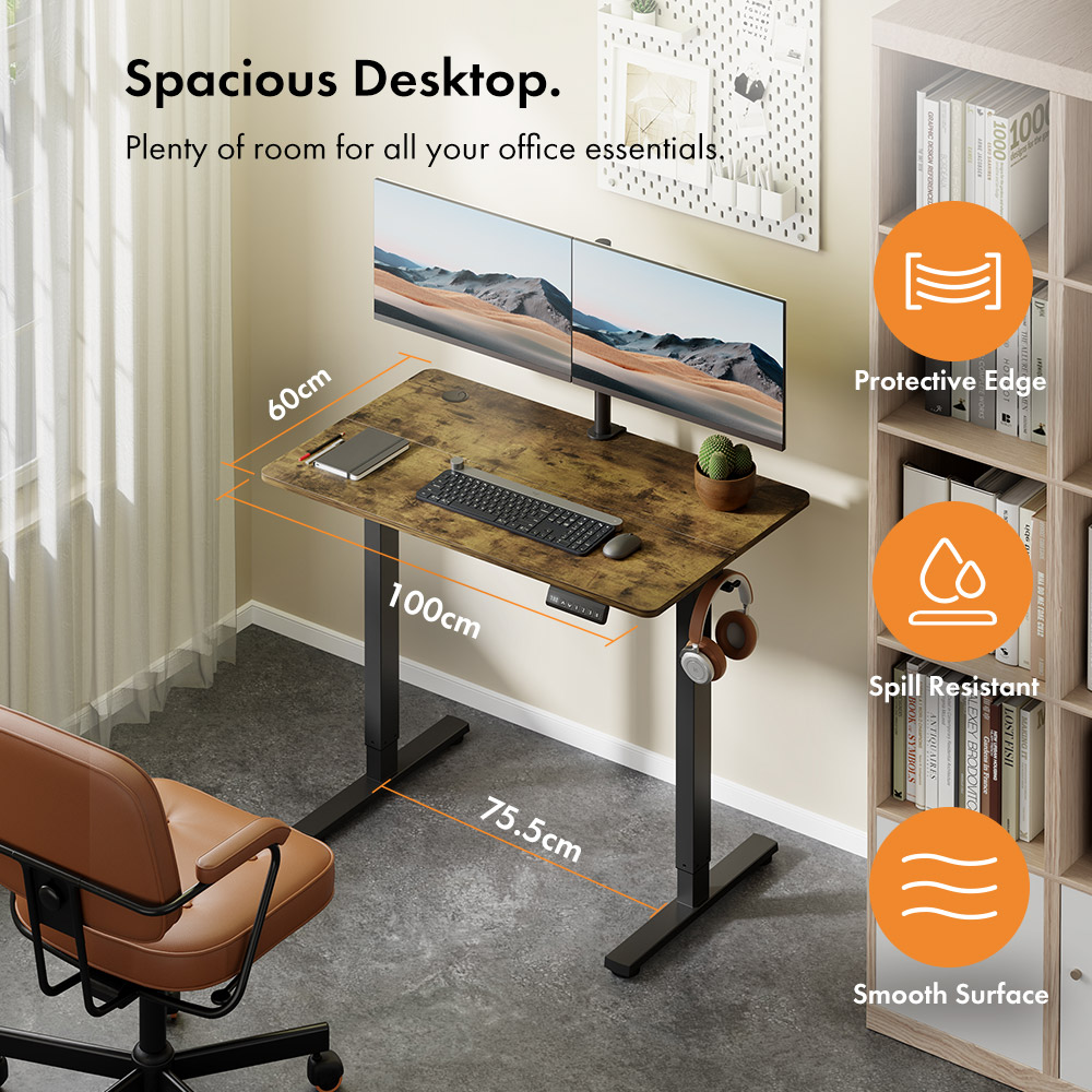 Black Standing Desk with Walnut Desktop 100x60cm and USB-C Charging Port