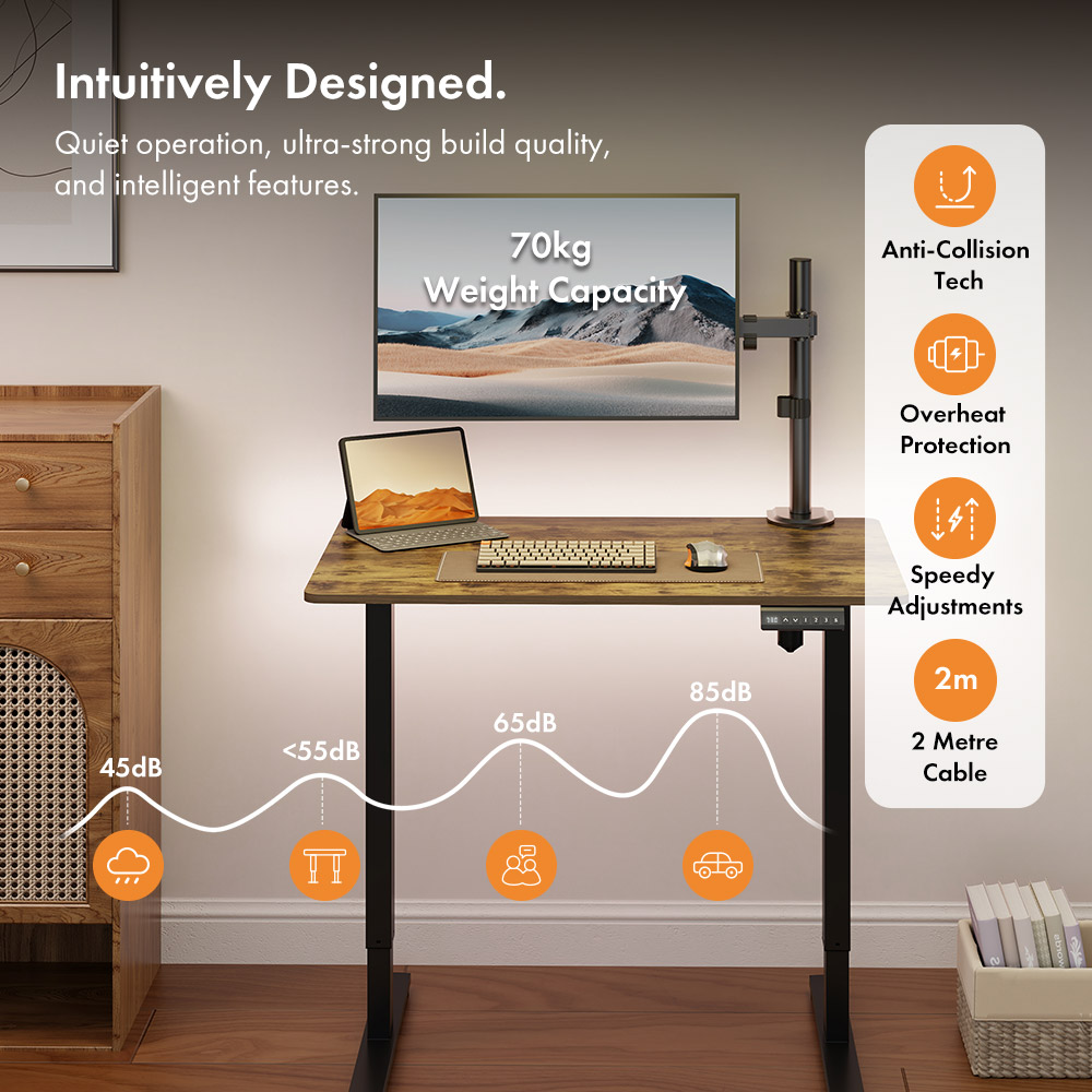 Black Standing Desk with Walnut Desktop 100x60cm and USB-C Charging Port
