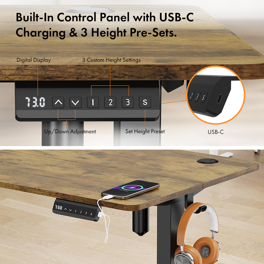 Black Standing Desk with Walnut Desktop 100x60cm and USB-C Charging Port