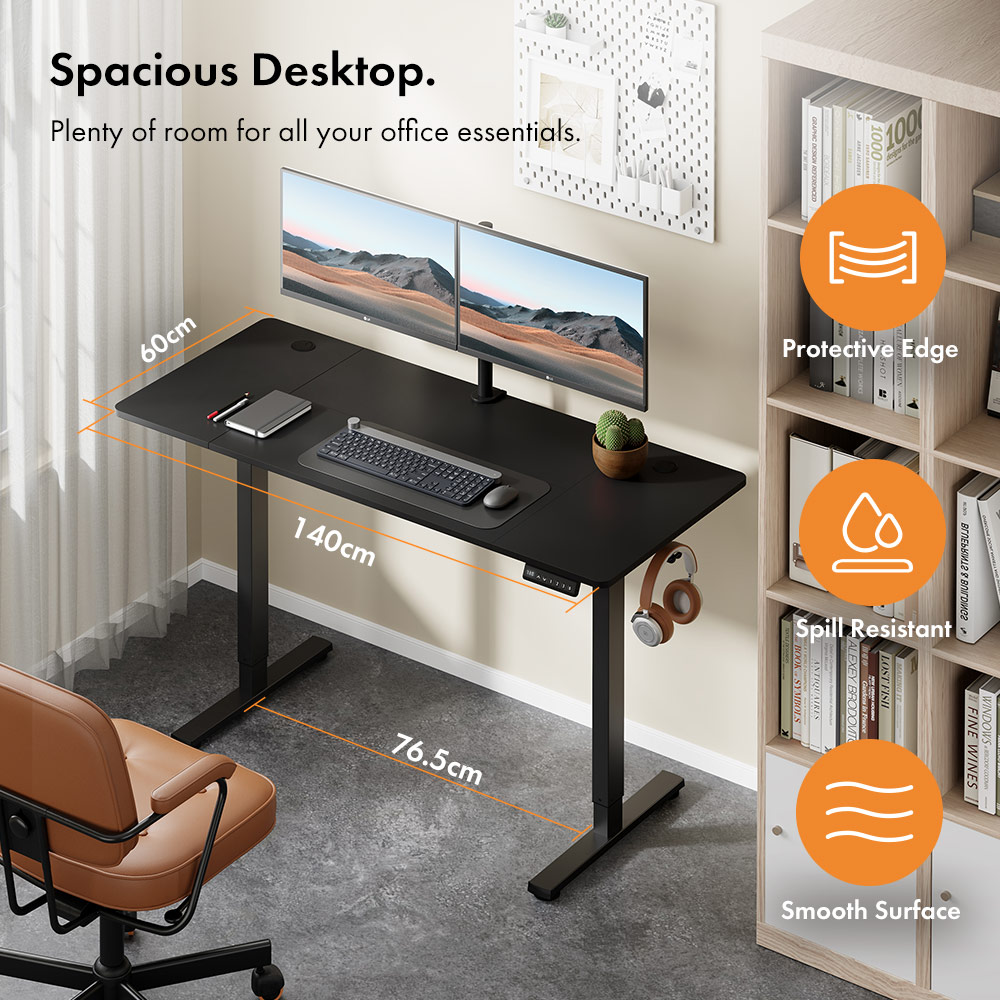 Black Standing Desk 140x60cm with USB-C Charging Port