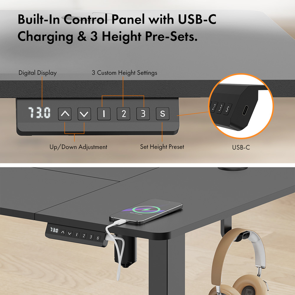 Black Standing Desk 140x60cm with USB-C Charging Port