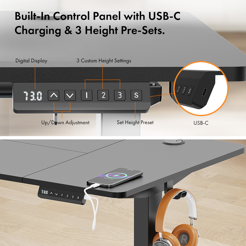 Black Standing Desk 120x60cm with USB-C Charging Port