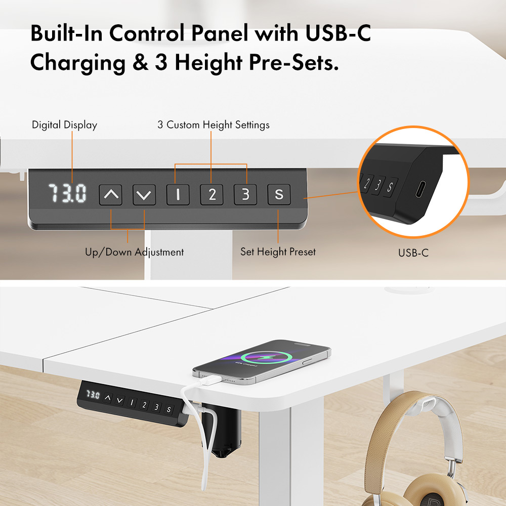 White Standing Desk 140x60cm with USB-C Charging Port