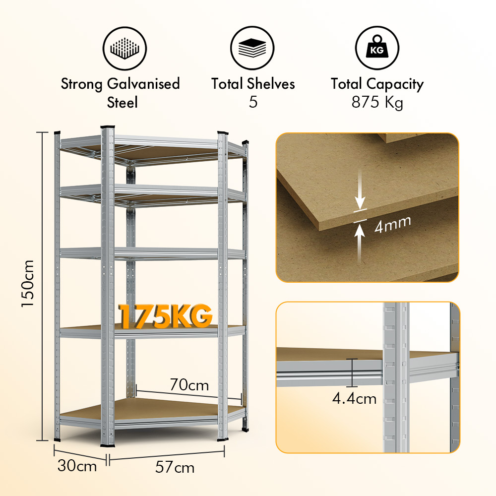 5-Tier Galvanised Steel Corner Shelving Unit x5 –  Silver (180 x 90 x 40cm)