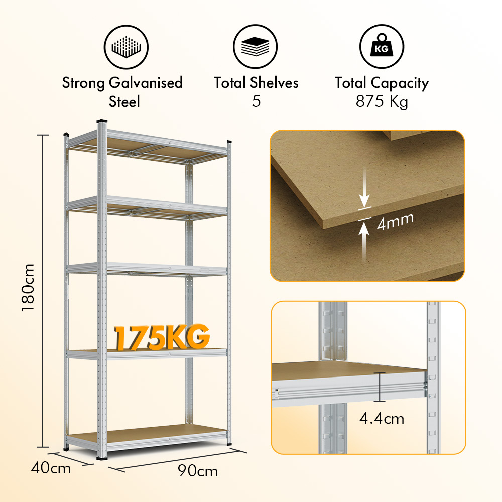 5-Tier Galvanised Steel Corner Shelving Unit x5 –  Silver (180 x 90 x 40cm)