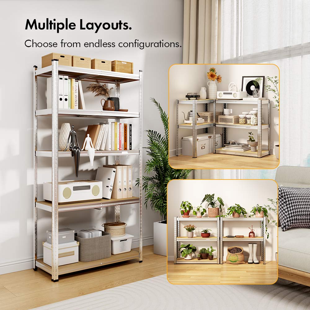 5-Tier Galvanised Steel Corner Shelving Unit x5 –  Silver (180 x 90 x 40cm)