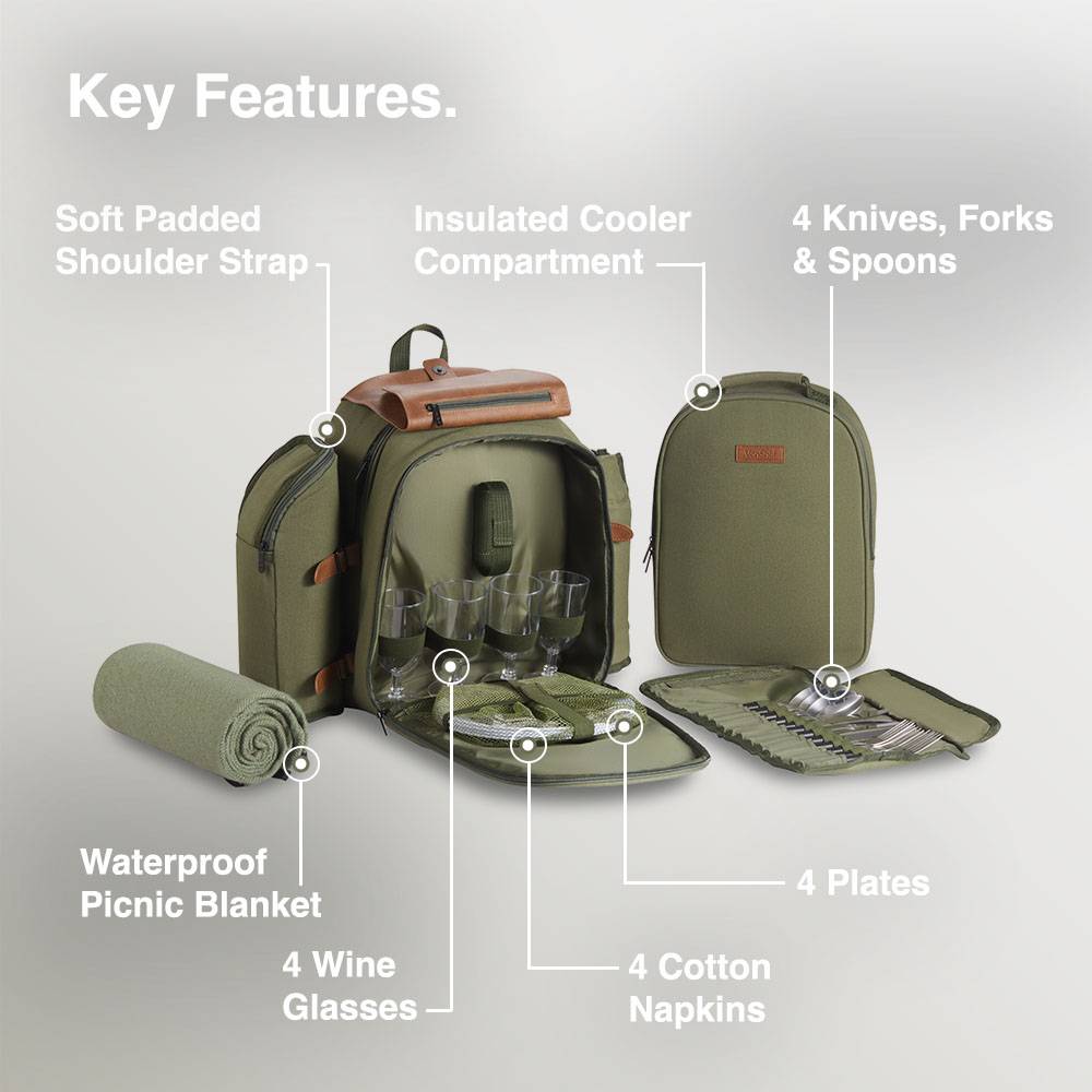 Dark Green Picnic Backpack - 4 Person