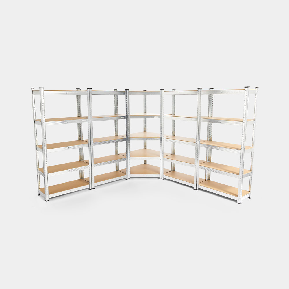 5-Tier Galvanised Steel Corner Shelving Unit x5 –  Silver (180 x 90 x 40cm)