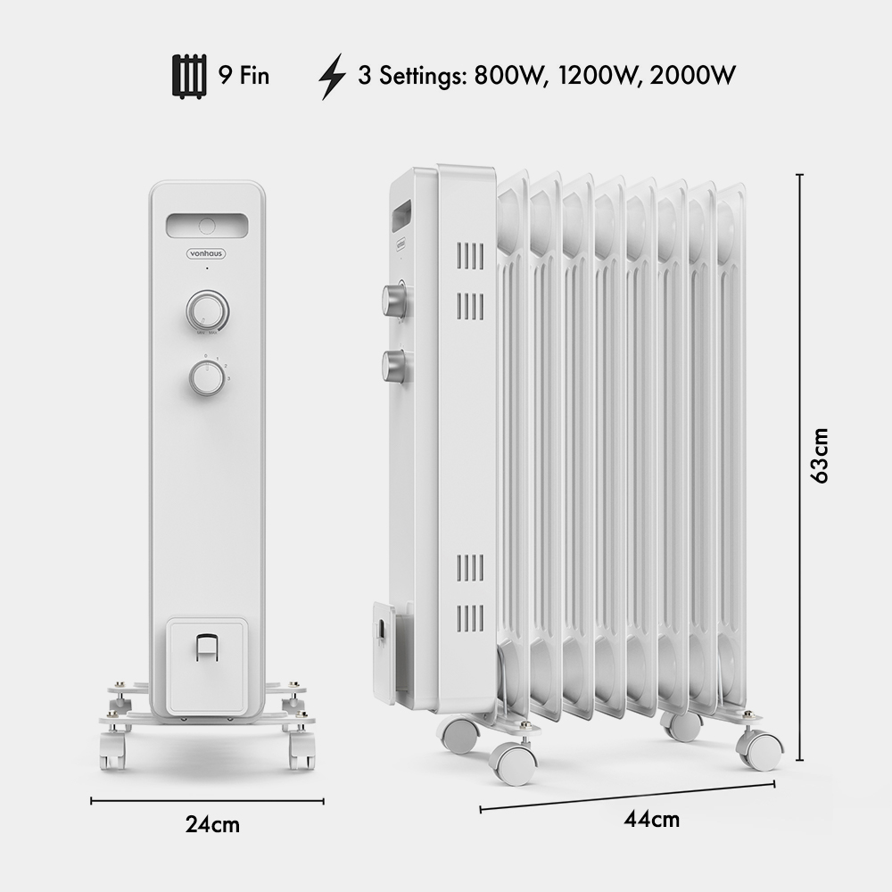 9 Fin Oil Filled Radiator 2000W - White 