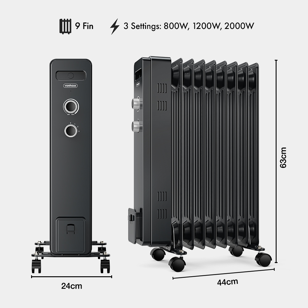 9 Fin Oil Filled Radiator 2000W - Black