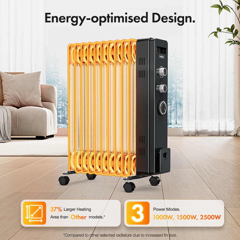 11 Fin Oil Filled Radiator with Timer 2500W - Black