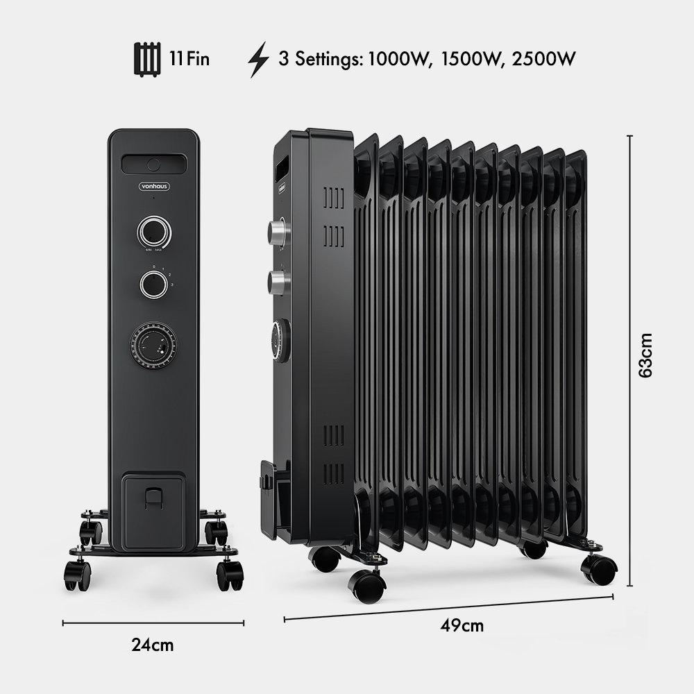 11 Fin Oil Filled Radiator with Timer 2500W - Black