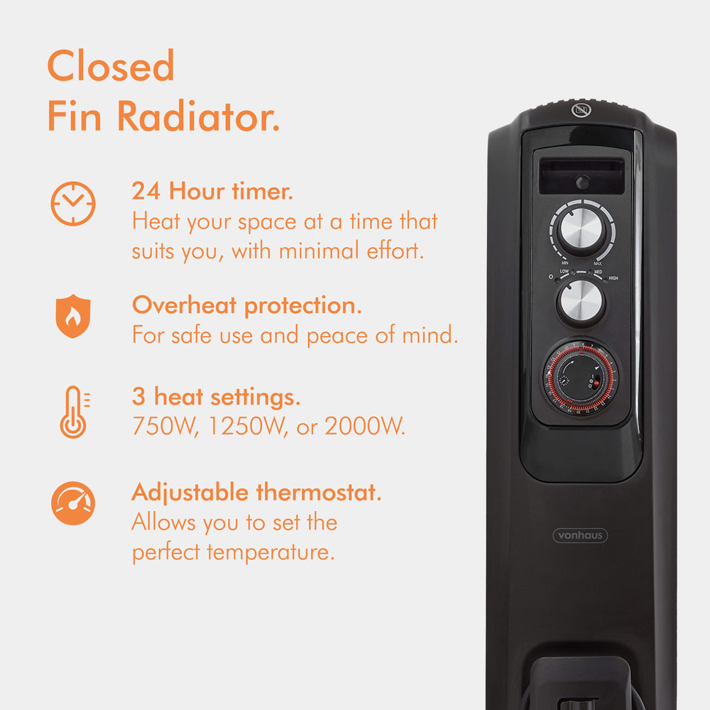 Oil Filled Radiator with Closed Fins - 2000W